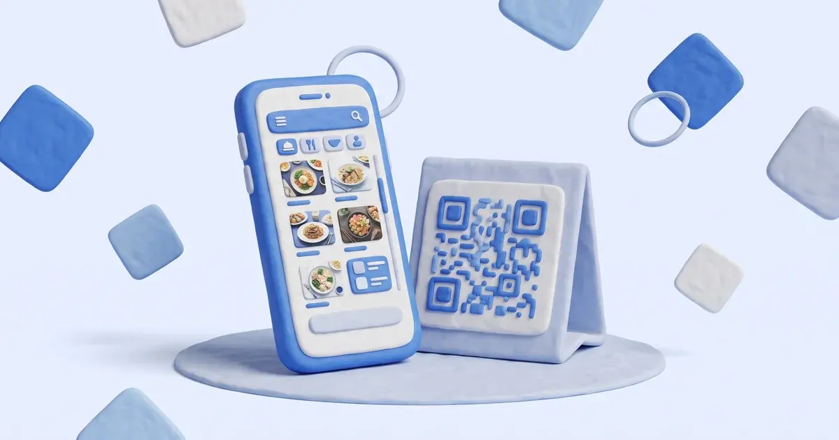 Celular mostrando un menú digital con fotos de platos junto a un cartel de mesa con un código QR