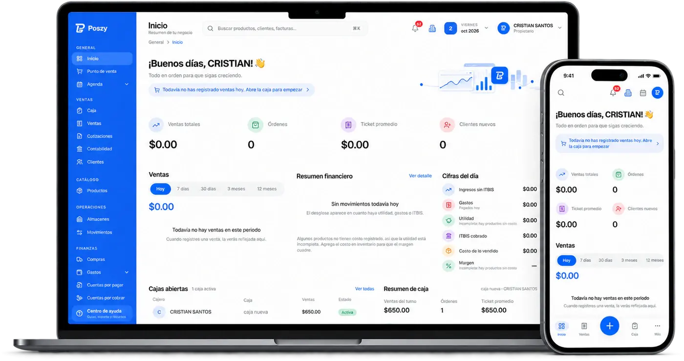 Poszy abierto en una laptop y en un celular, con el mismo resumen de ventas del negocio
