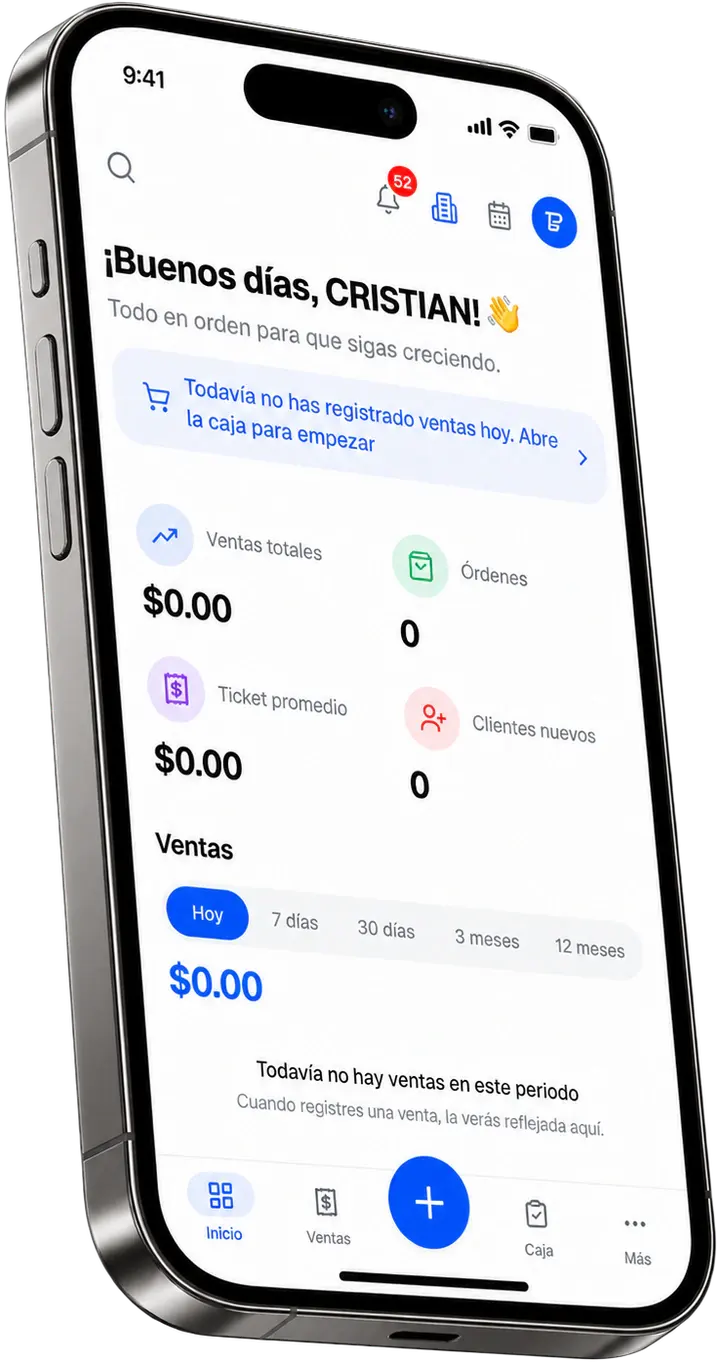 El inicio de Poszy en un celular, con las ventas del día, las órdenes y el ticket promedio