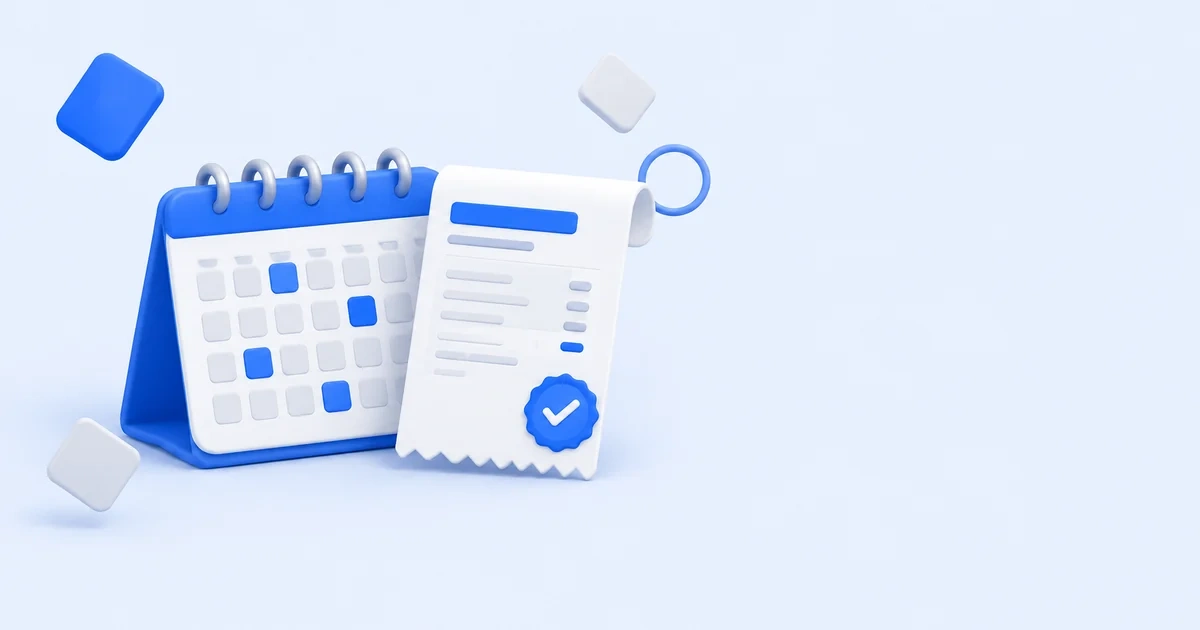 Calendario de escritorio azul con varias fechas marcadas junto a una factura con sello de verificado