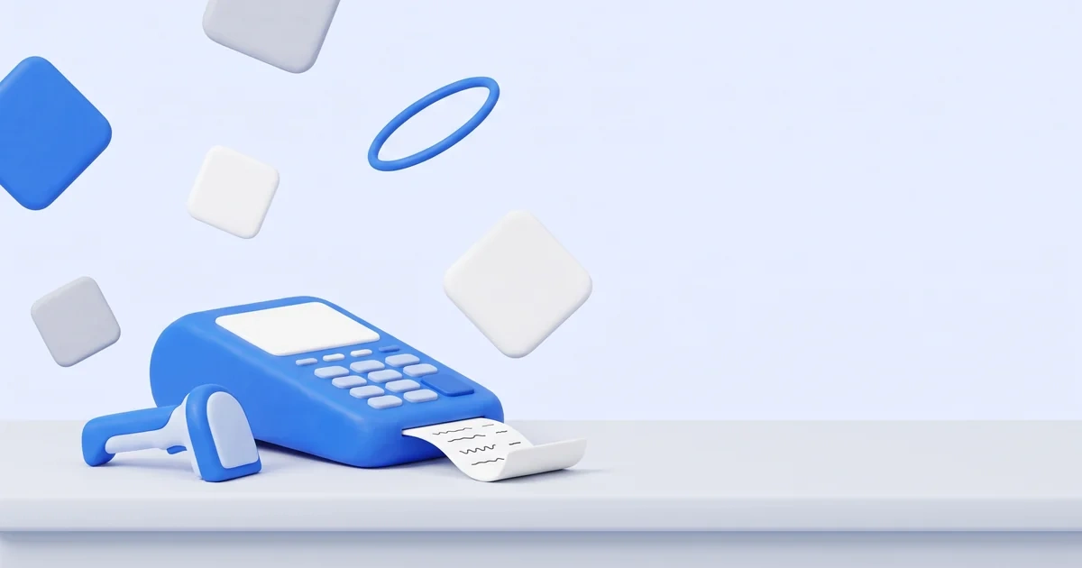 Terminal de punto de venta azul en un mostrador con lector de código de barras y un recibo saliendo