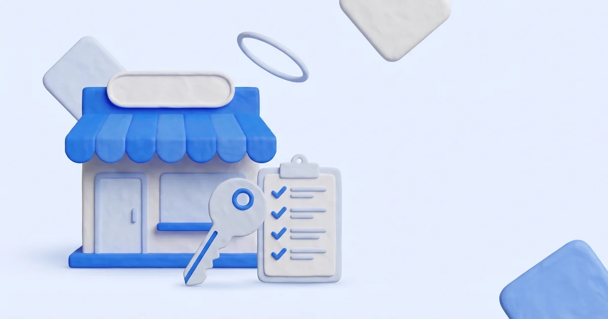 Fachada de un pequeño comercio con toldo azul, una llave grande y una lista de verificación completada